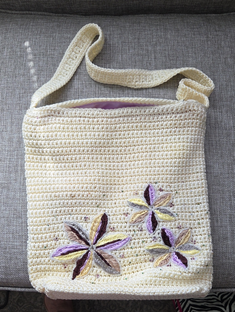 Liz Claiborne Cream Crochet Shoulder Bag with Purple & Yellow Floral Accents